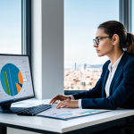 A highly professional real estate appraiser (perito) in a modest business suit, sitting attentively at a sleek modern desk in a well-lit, contemporary office. Multiple large monitors display complex data visualizations, charts, and architectural schematics, showing detailed property analytics. The appraiser is engaged in deep thought, with one hand resting on a physical architectural model of a building on the desk, symbolizing the fusion of advanced data analysis with tangible real-world property context. Through a large window in the background, a blurred panoramic view of a vibrant Spanish city skyline (like Madrid or Barcelona) is visible under a clear sky. The scene emphasizes intelligence, precision, and the blend of technology with human expertise.
    fully clothed, appropriate attire, professional dress, perfect anatomy, correct proportions, natural pose, well-formed hands, proper finger count, natural body proportions, safe for work, appropriate content, professional, high quality professional photography, natural light, sharp focus.