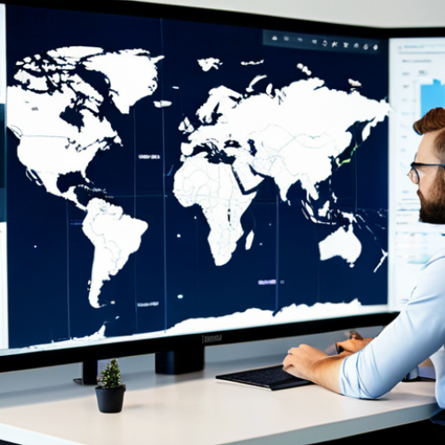 Home 24 A professional male appraiser, fully clothed in a modest business suit, is engaged in a virtual meeting on a large screen displaying a global map with various data points. He is sitting at a sleek, modern desk in a well-lit, contemporary office with multiple monitors showing complex data analytics and international market trends. Another professional colleague, fully clothed in a modest business blouse, appears on one of the screens, representing a diverse international team. The scene emphasizes seamless global collaboration and advanced technology in real estate appraisal. safe for work, appropriate content, fully clothed, professional dress, perfect anatomy, correct proportions, natural pose, well-formed hands, proper finger count, natural body proportions, high quality photography, sharp focus.