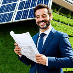 **

A confident architect, fully clothed in a professional, modern business suit, standing in front of a newly constructed, sustainable building in Barcelona, Spain. The building features solar panels and green walls.  The architect is holding rolled blueprints and smiling slightly. Perfect anatomy, correct proportions, well-formed hands, natural pose, professional photography, high quality, safe for work, appropriate content, modest, family-friendly.

**