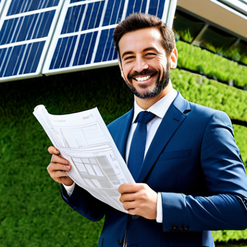 Home 23 **
A confident architect, fully clothed in a professional, modern business suit, standing in front of a newly constructed, sustainable building in Barcelona, Spain. The building features solar panels and green walls. The architect is holding rolled blueprints and smiling slightly. Perfect anatomy, correct proportions, well-formed hands, natural pose, professional photography, high quality, safe for work, appropriate content, modest, family-friendly.
**