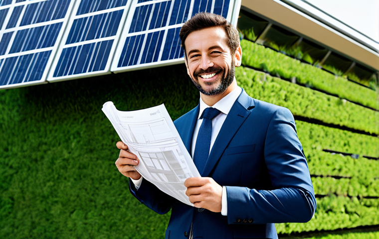 **

A confident architect, fully clothed in a professional, modern business suit, standing in front of a newly constructed, sustainable building in Barcelona, Spain. The building features solar panels and green walls.  The architect is holding rolled blueprints and smiling slightly. Perfect anatomy, correct proportions, well-formed hands, natural pose, professional photography, high quality, safe for work, appropriate content, modest, family-friendly.

**