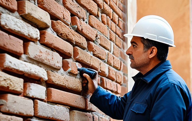**

"A professional building inspector in appropriate attire, examining cracks in a brick wall of an old building in Seville, Spain.  The inspector is using a flashlight.  The scene is daytime, with natural lighting.  Focus on detail and texture of the brick. Safe for work, appropriate content, fully clothed, modest, family-friendly, perfect anatomy, correct proportions, natural pose, professional photography, high quality."

**