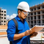 건축평가사의 연차별 업무 능력 발전법 - A young Hispanic construction evaluator wearing safety gear and casual professional clothing with a ...