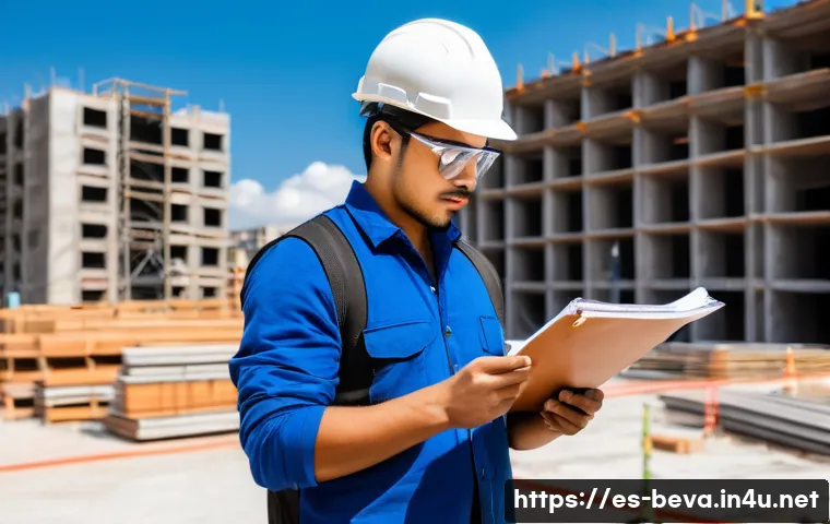건축평가사의 연차별 업무 능력 발전법 - A young Hispanic construction evaluator wearing safety gear and casual professional clothing with a ...