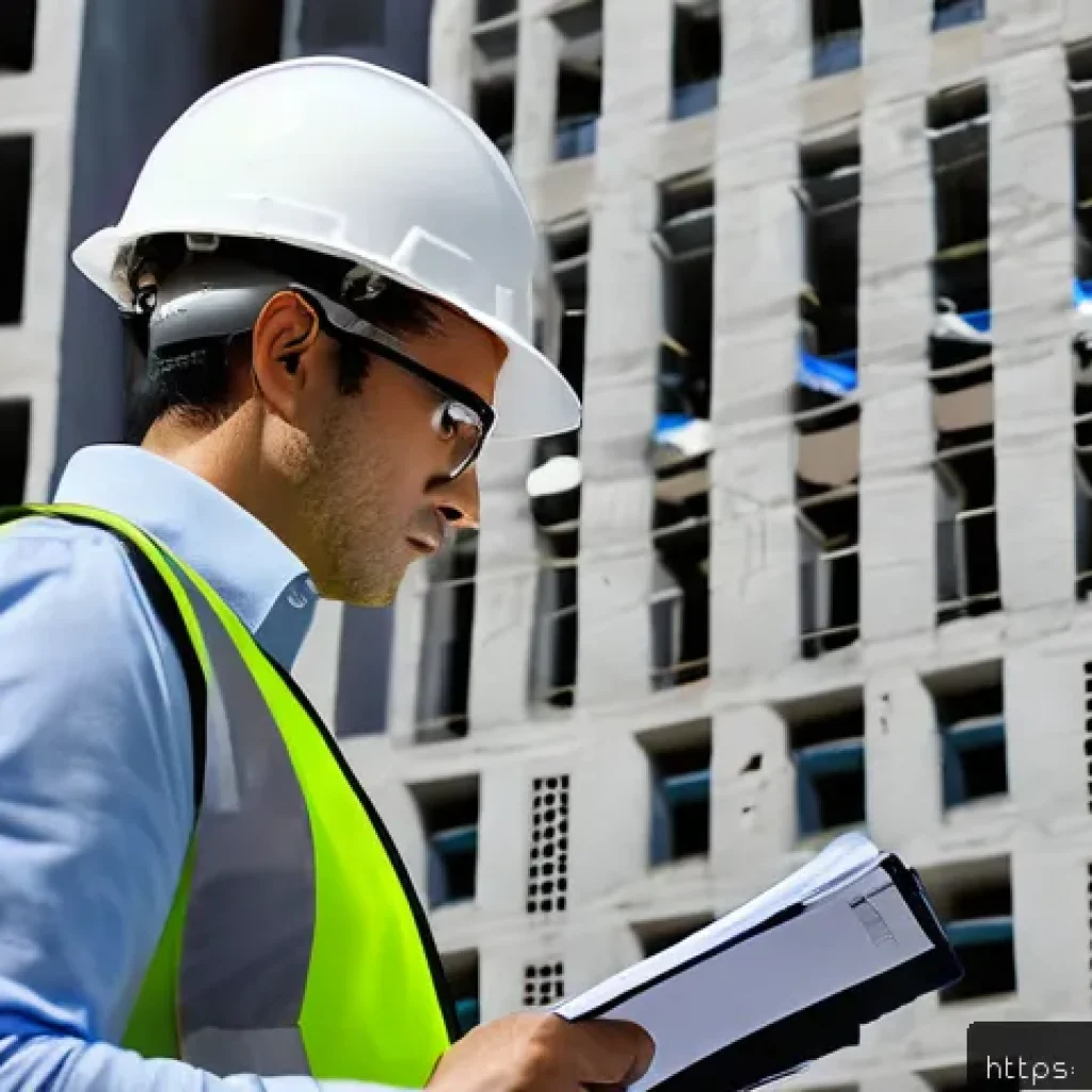 건축평가사 자격증과 관련된 추천 서적 - A detailed scene of a professional structural evaluator inspecting a modern concrete building in an ...