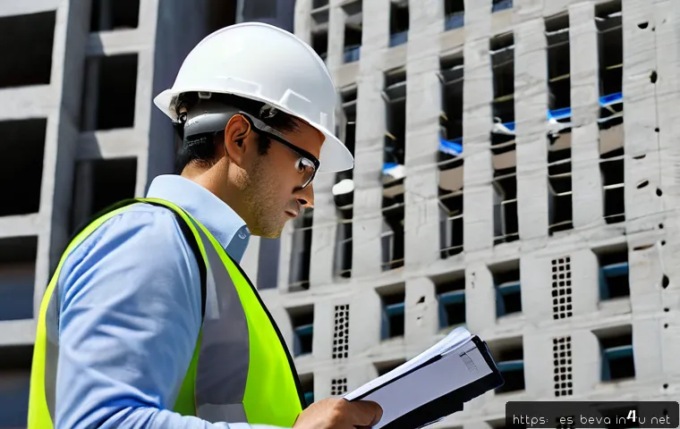 건축평가사 자격증과 관련된 추천 서적 - A detailed scene of a professional structural evaluator inspecting a modern concrete building in an ...