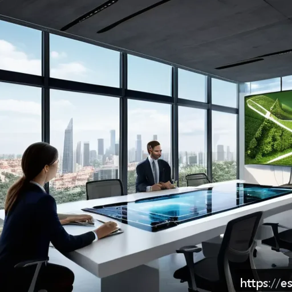 건축평가사가 사용하는 3D 시뮬레이션 도구 - A futuristic architectural visualization studio showing a diverse team of architects and engineers c...