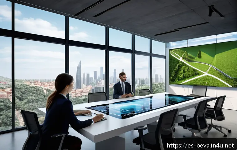 건축평가사가 사용하는 3D 시뮬레이션 도구 - A futuristic architectural visualization studio showing a diverse team of architects and engineers c...