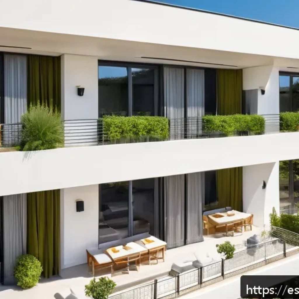 건축평가 실무 사례 분석 - A modern residential building in a Mediterranean urban setting, showcasing advanced energy efficienc...