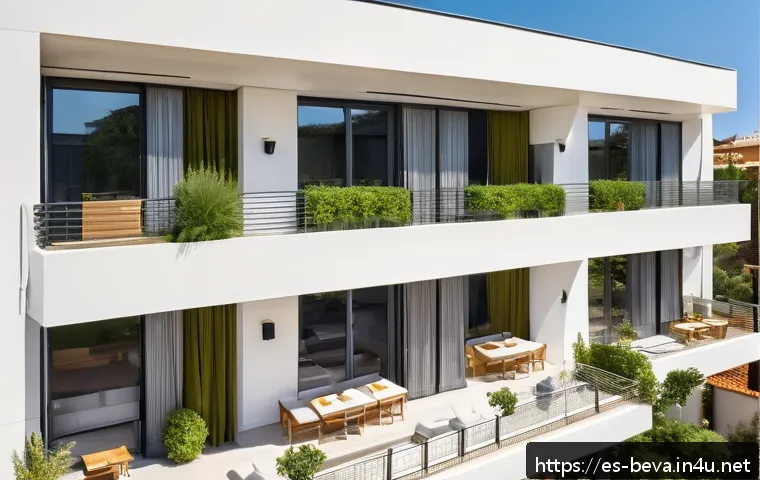 건축평가 실무 사례 분석 - A modern residential building in a Mediterranean urban setting, showcasing advanced energy efficienc...