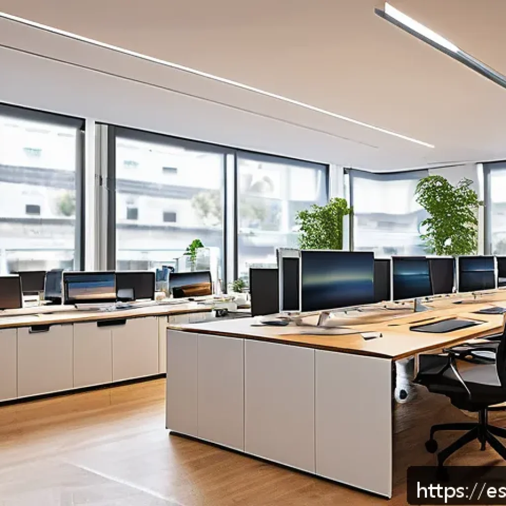 건축평가 전문가의 최신 평가 기법 - A modern architectural firm office in a bustling Spanish city, featuring a team of diverse professio...