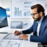 건축평가 전문가를 위한 블로그 마케팅 - A modern architectural workspace scene showing a professional architect analyzing a detailed BIM (Bu...