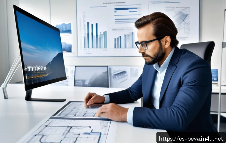 건축평가 전문가를 위한 블로그 마케팅 - A modern architectural workspace scene showing a professional architect analyzing a detailed BIM (Bu...