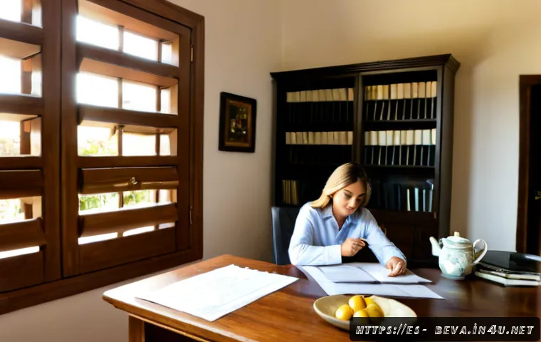 건축평가사의 업무 스트레스 관리법 - Photorealistic Spanish-speaking architectural appraiser in a neat home office, calmly reviewing buil...